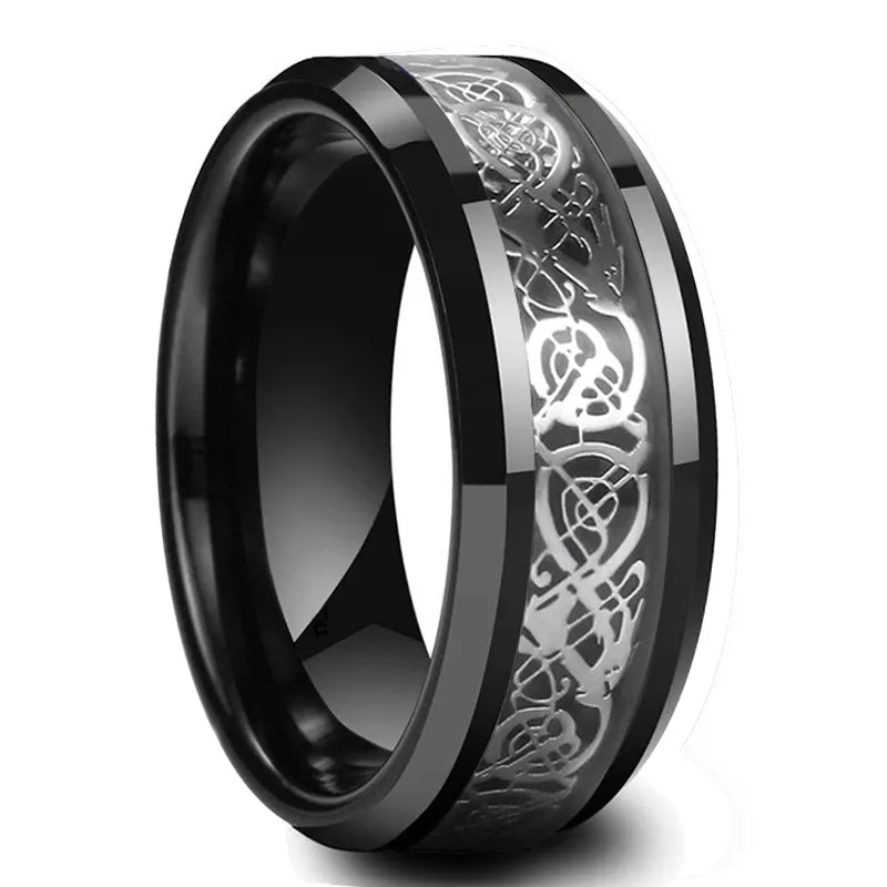 New Fashion 8mm Men Stainless Steel Celtic Dragon Ring Inlay Blue Zircon Stone Ring Blue Carbon Fibre Ring For Men Wedding Band