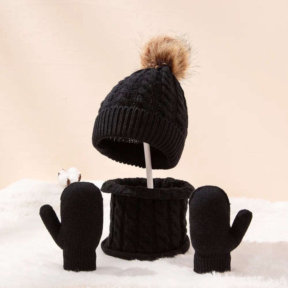 Winter 3PCS Baby Hats With Scarf Knitted Acrylic Fashion Solid Color Hat For Kids Boy Girl Infant Hairball Warm Bonnet Scarf Set