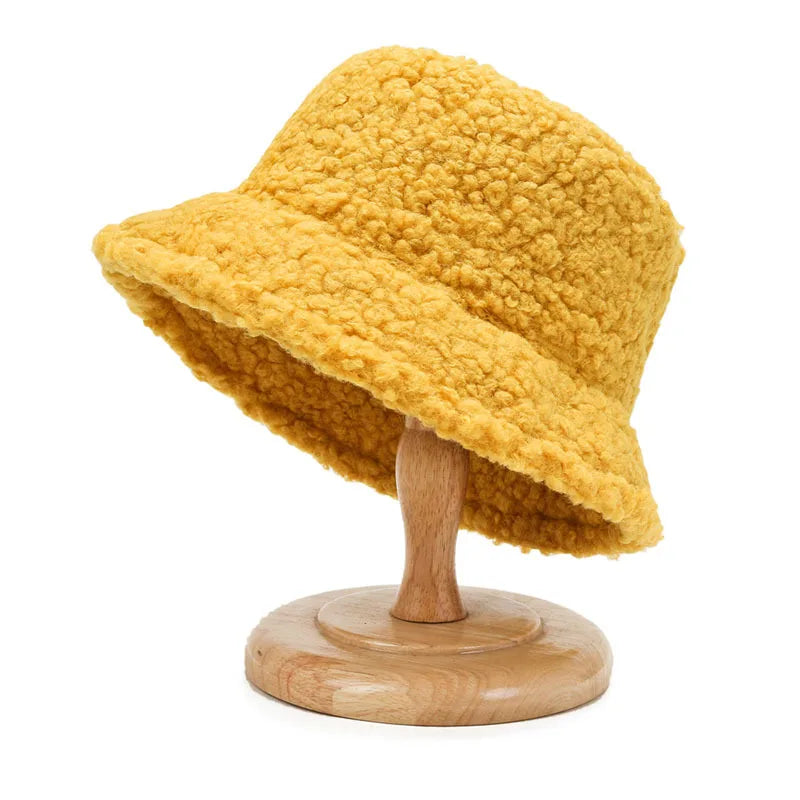 Unisex Harajuku Bucket Hat Solid Men Fishing Fisherman INS Hat Autumn Winter Lamb Wool Cute Outdoor Warm Panama Cap For Women