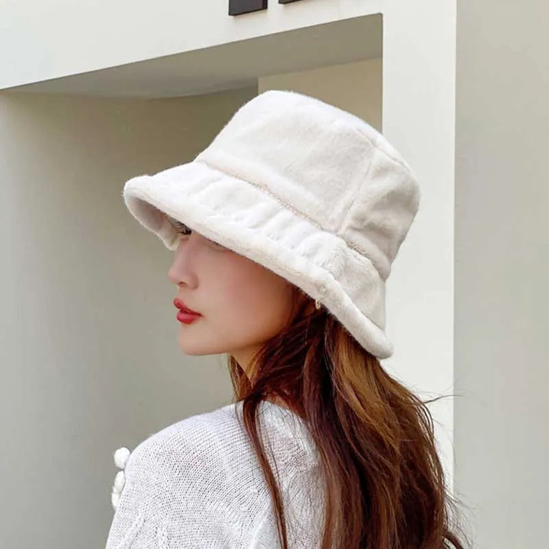Korean Lamb Faux Fur Bucket Hat Lady Winter Warm Soft Panama Hat Outdoor Fisherman Cap For Women Solid Color Beanie Bonnet 2022