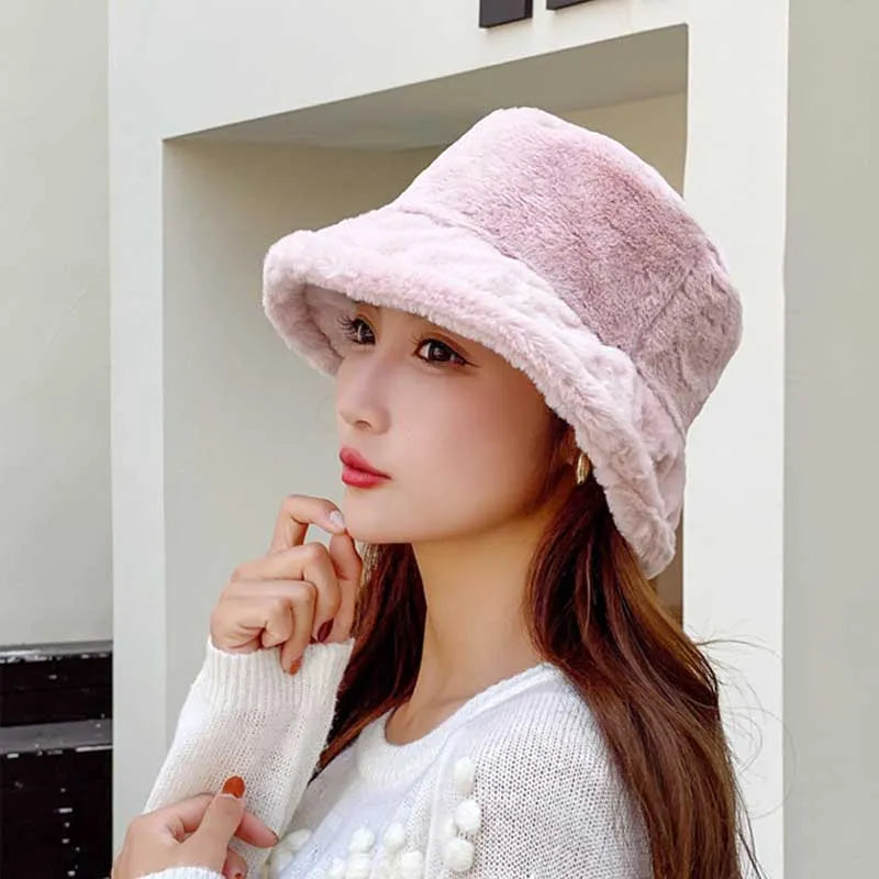Korean Lamb Faux Fur Bucket Hat Lady Winter Warm Soft Panama Hat Outdoor Fisherman Cap For Women Solid Color Beanie Bonnet 2022