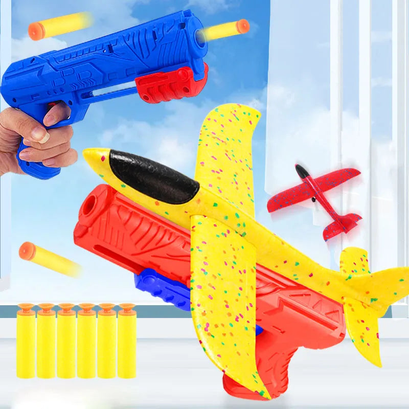 Foam Plane 10M Launcher Catapult Glider Airplane Gun Toy Children Outdoor Game Bubble Model Shooting Fly Roundabout Toys