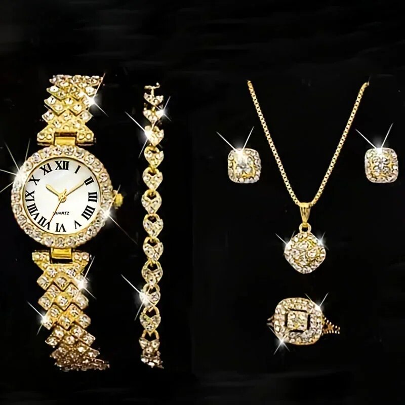Fashion Luxury Full Crystal 5 Pcs Watch  Necklace Earrings  Ring  Set for Women Rhinestone  Wristwatch Female Bracelet Set Gift